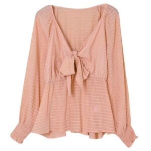 Mauve Pink Bow Tie Front Top Large Smocked Sleeve Feminine Romantic Office Siren